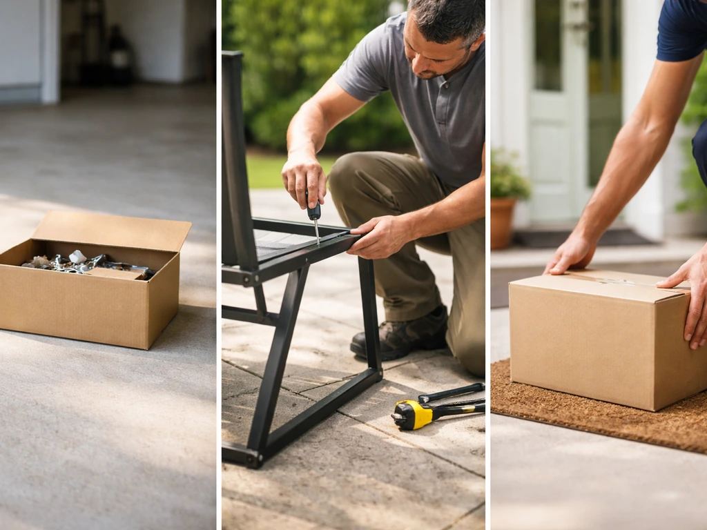 Three-panel-style photo showing a DIY kit box, a pro installing at a patio chair frame, and a delivery moment.