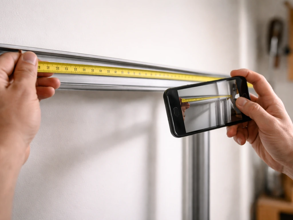 Close-up of hands measuring an installed sling frame rail with a tape measure and phone notes
