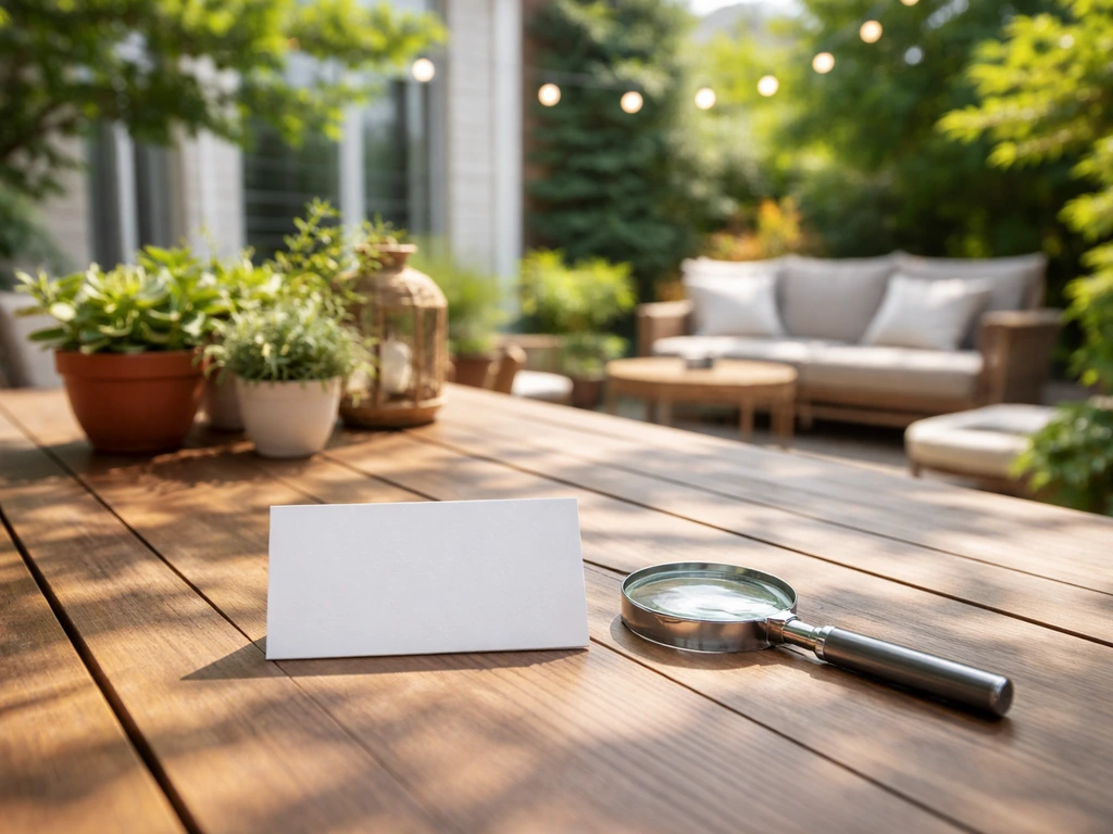 Sunlit backyard patio with potted plants and a magnifying glass over a blank rating card.