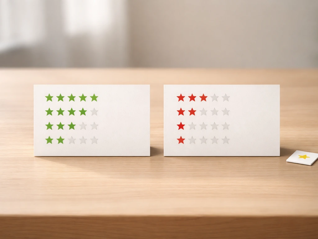 Two blank review cards with star icons showing polarized 5-star vs 1-star patterns on a wood table.