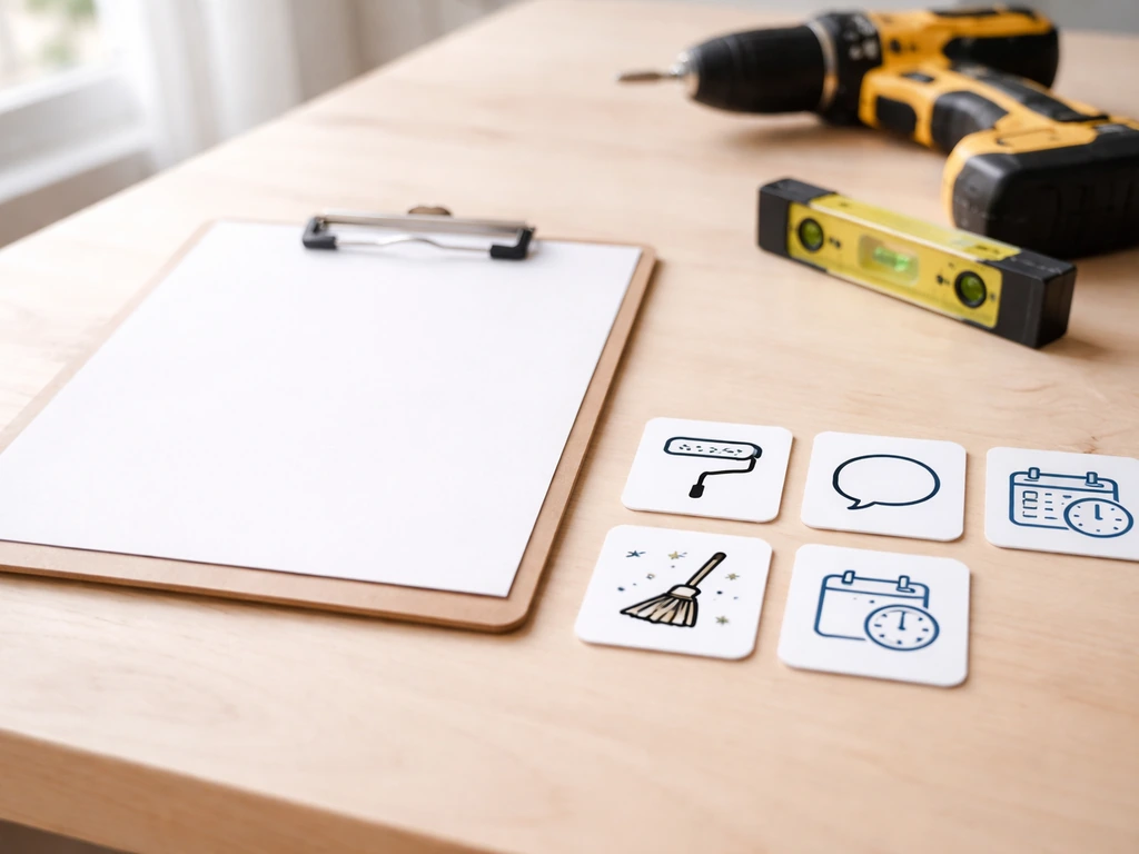 Minimal photo of a contractor’s checklist board with icons for workmanship, communication, cleanup, and schedule.