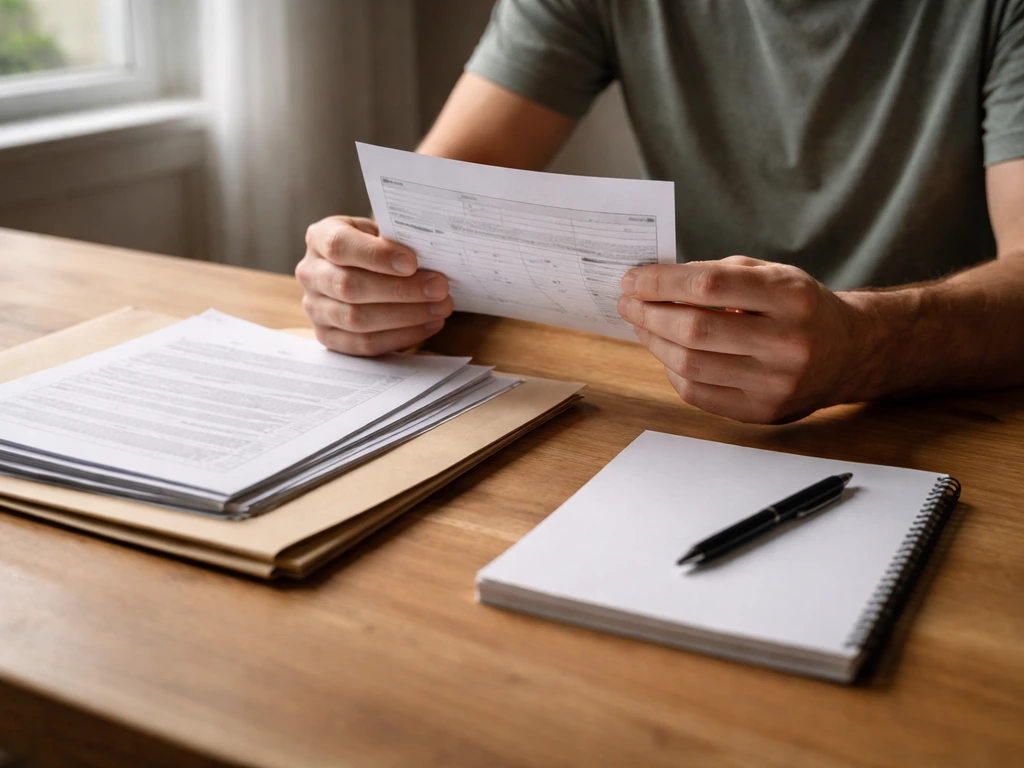 Homeowner’s hands review printed license lookup and insurance/warranty documents on a kitchen table.