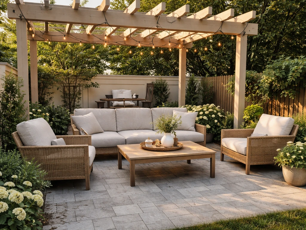 Sunlit outdoor patio with stone pavers, patio sofa set, and a grill under a pergola