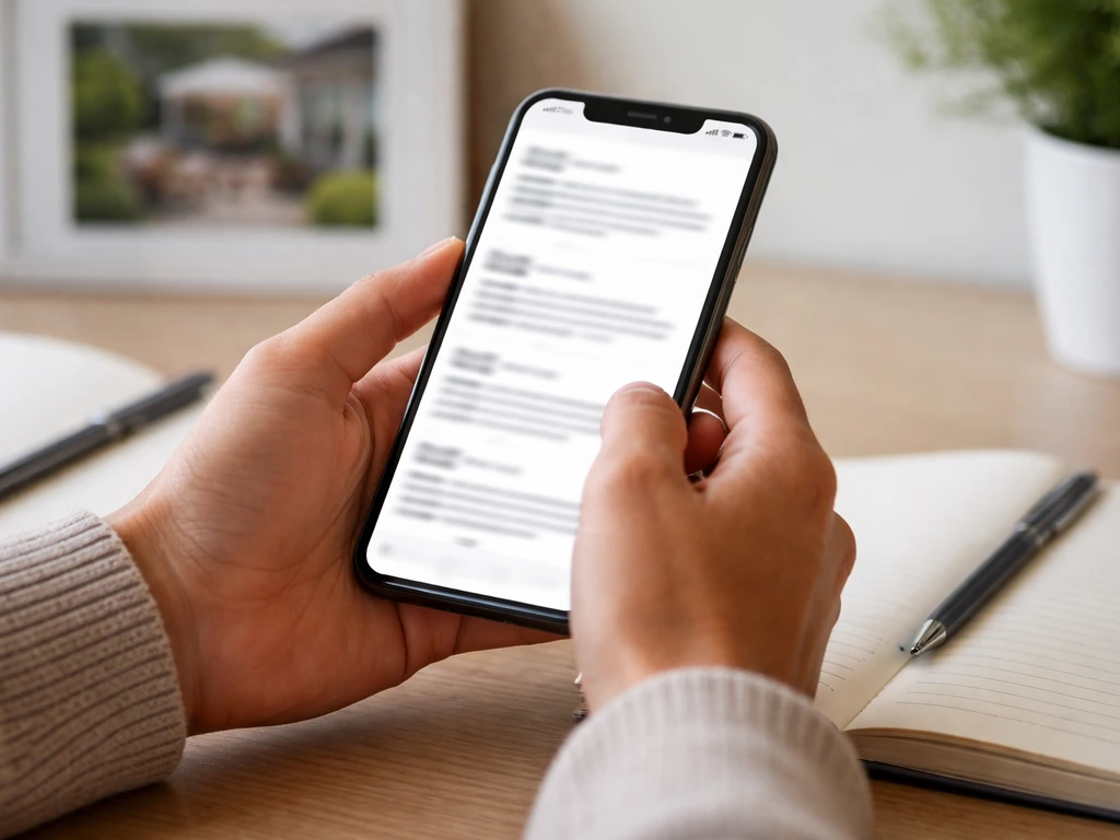 Person using a smartphone at a desk, scrolling review-like content for a patio contractor evaluation