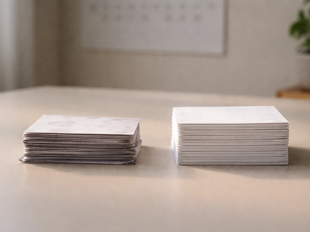 Two side-by-side stacks of anonymous review cards on a desk, suggesting recent negative vs older positive feedback.
