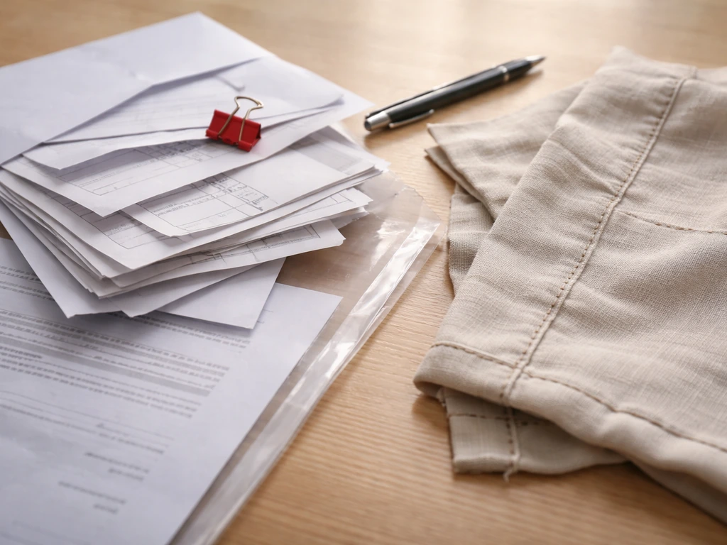 Close-up of scattered invoices and a service receipt with visible rough workmanship on fabric seams