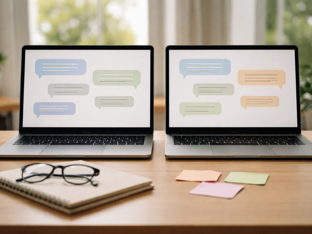 Minimal desk scene with two laptops side-by-side, suggesting comparing mixed customer reviews for two patio companies.
