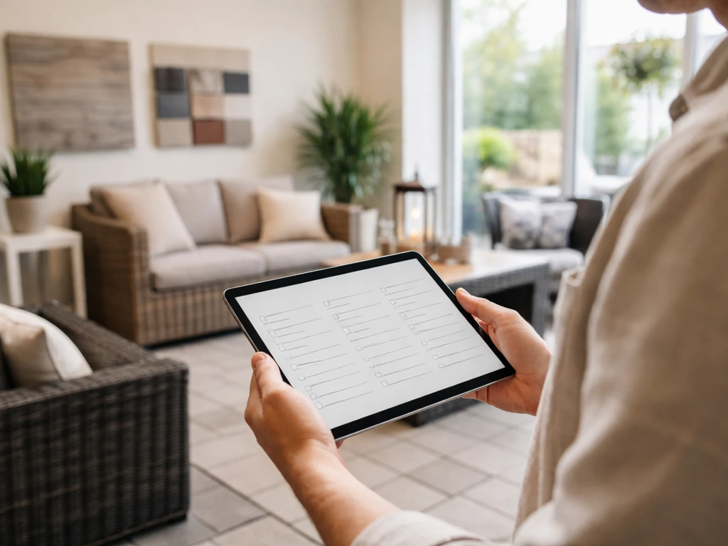 Person in a patio showroom reviewing an order tablet with comparison-style checklist before choosing products.