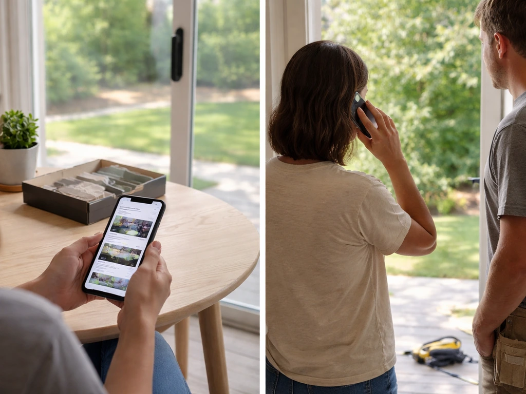 Minimal split scene: one person browsing patio products online and one homeowner speaking with a contractor by phone.