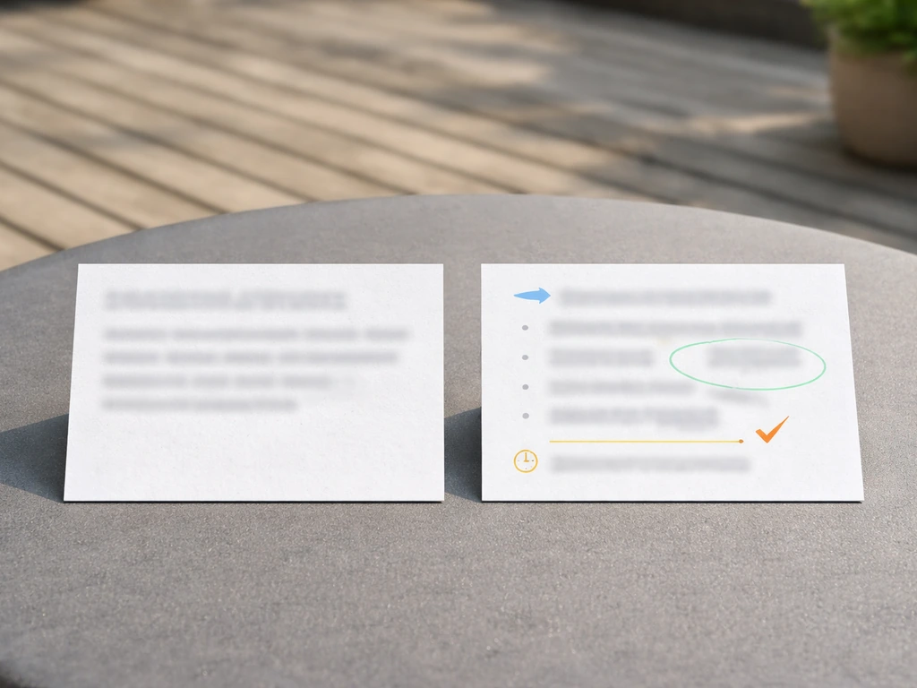 Two patio review snippets on a table: vague left, detailed right with non-text callout circles and arrows.