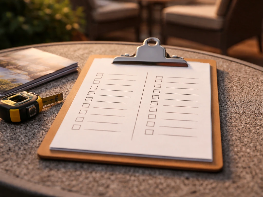 Notepad comparison sheet with blank checkboxes for patio companies, with tape measure on a patio table.