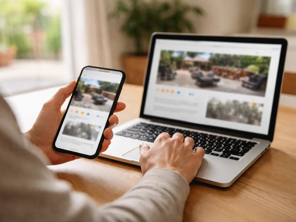Homeowner comparing patio contractor photos and reviews on a laptop and phone at a table.