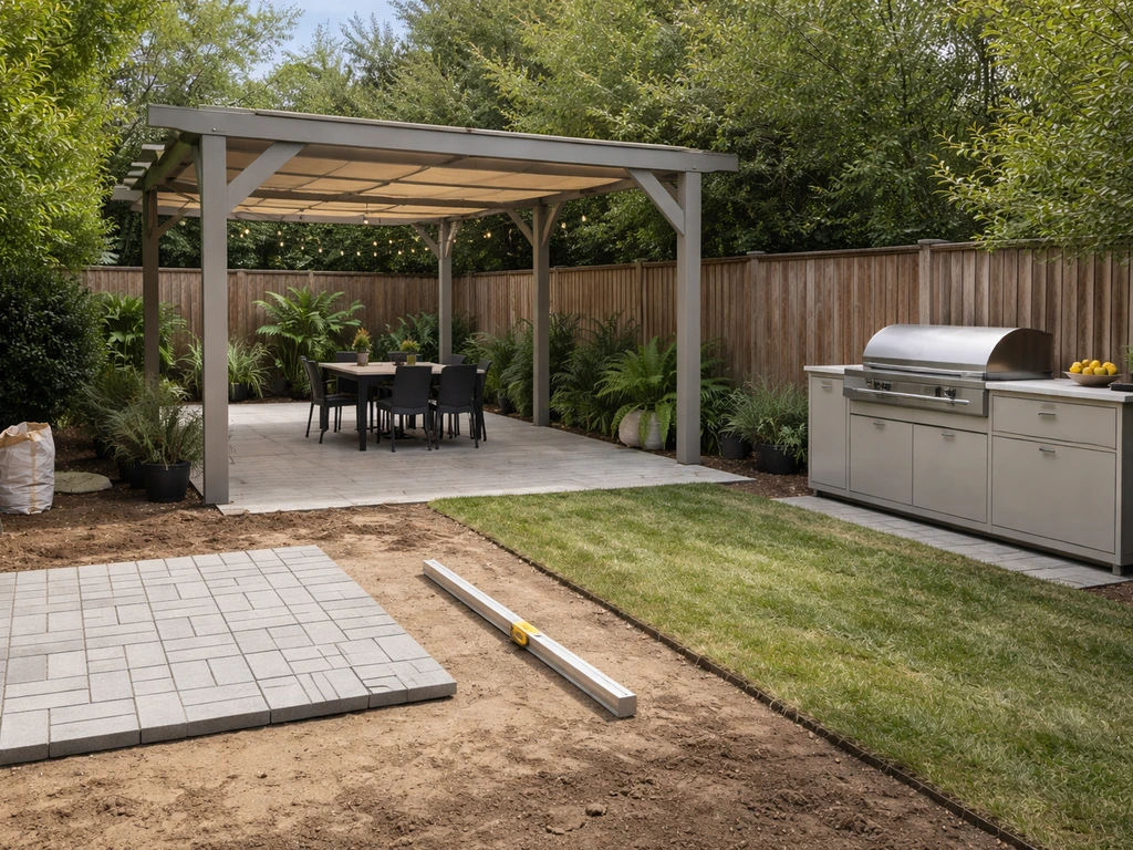 Minimal outdoor patio scene with three separate blurred areas showing pavers, a pergola cover, and outdoor kitchen items