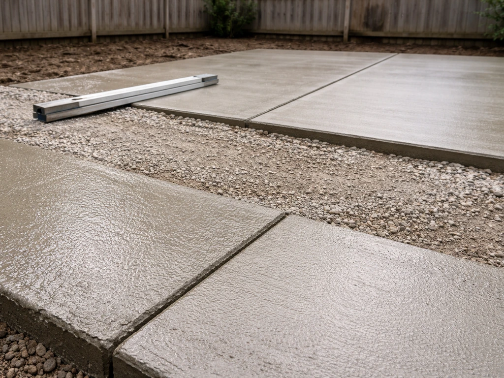 Side-by-side fresh poured concrete and a finished patio slab with visible grading at a backyard worksite.