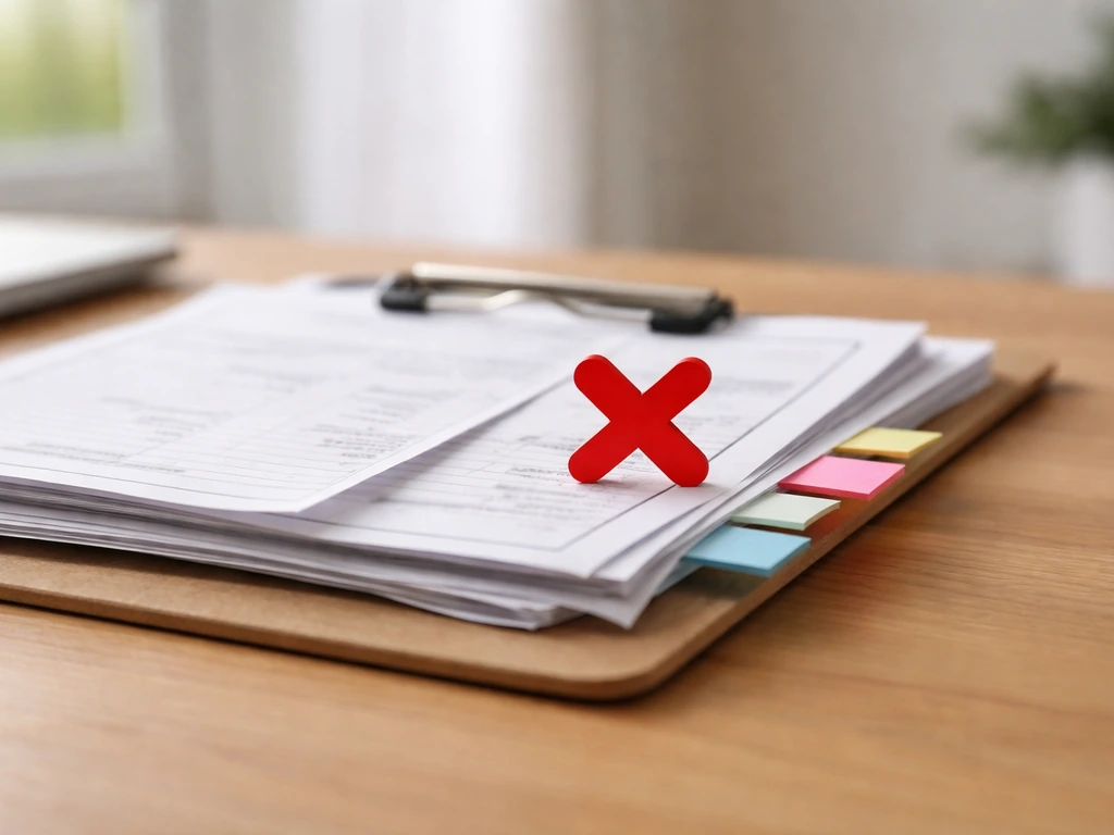 Close-up of a desk with a small stack of printed notes and sticky tabs suggesting project red flags