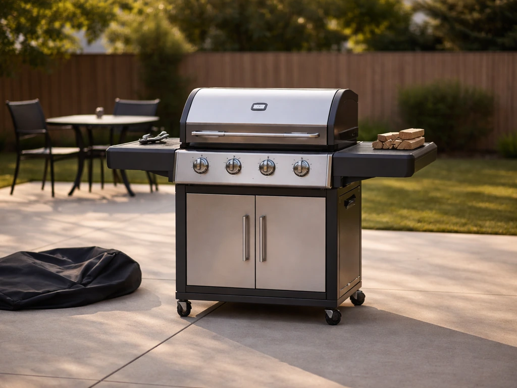 Freestanding gas patio grille on a clean outdoor patio, ready for grilling, with durability cues nearby.
