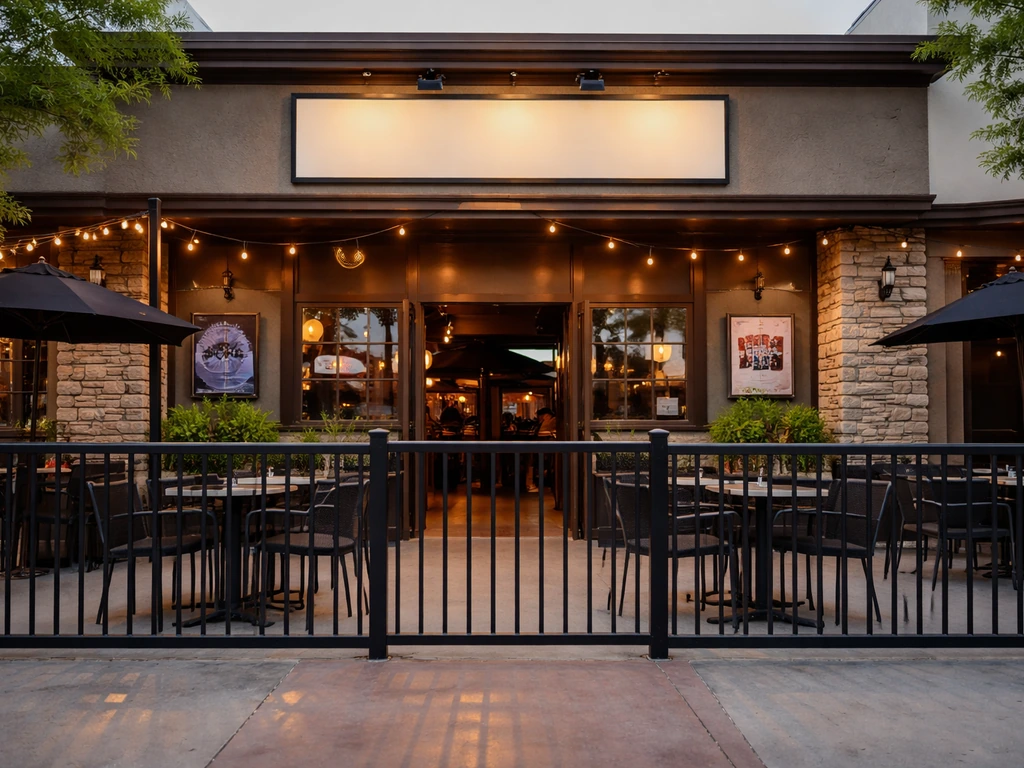 Exterior view of a local sports bar storefront with patio grille and warm lights, no people.