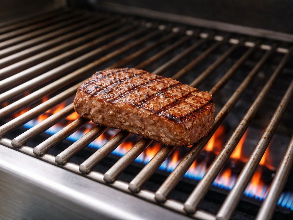 Close-up of a gas grill grate glowing evenly with a food sear showing consistent heat pattern