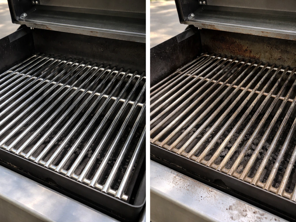 Split view showing a new grill grate beside a weathered, rust-spotted grate with grill interior soot.