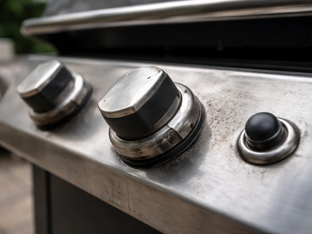 Close-up of a patio grill’s knobs and ignition area showing wear and smooth, usable controls.