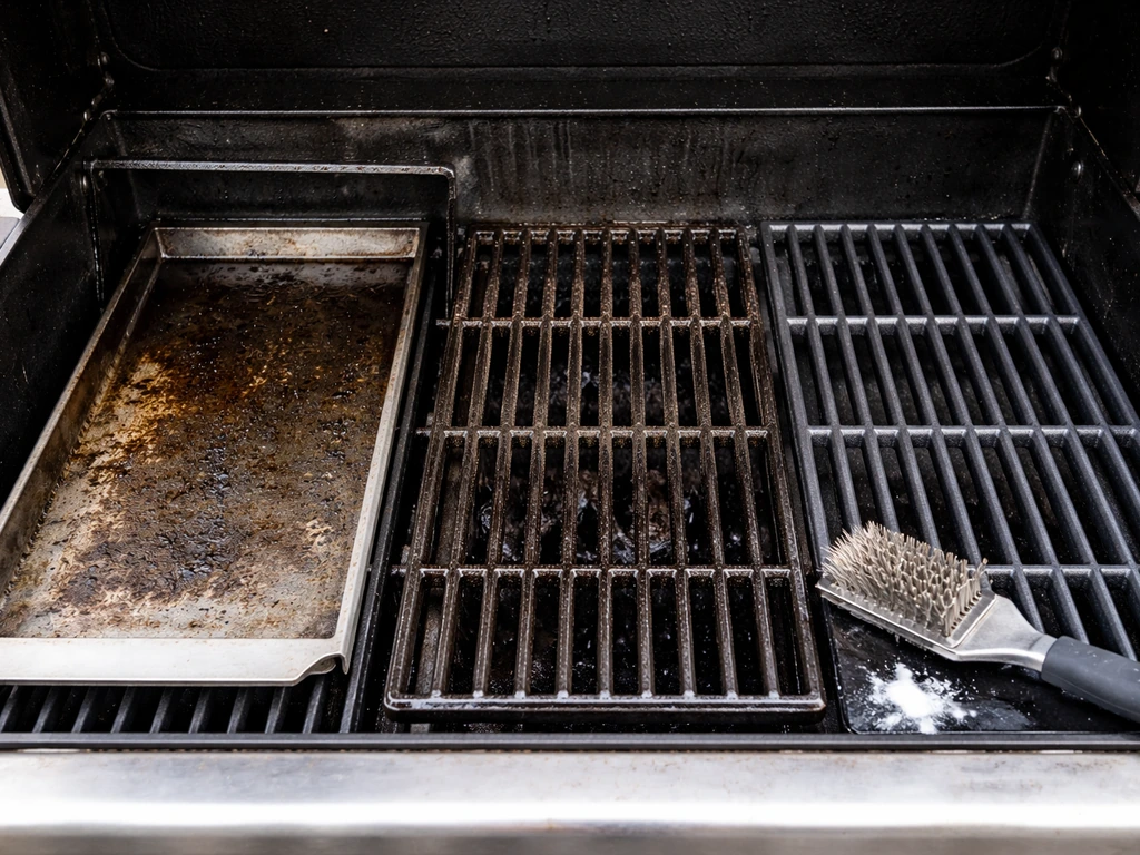 Close-up of a pulled-out grease drip tray and two grill grates showing dirty vs cleaned surfaces.