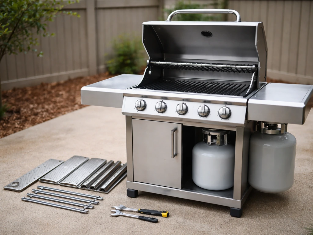 Assembled patio grille with parts and tools beside it, ready to cook in a simple backyard setting.