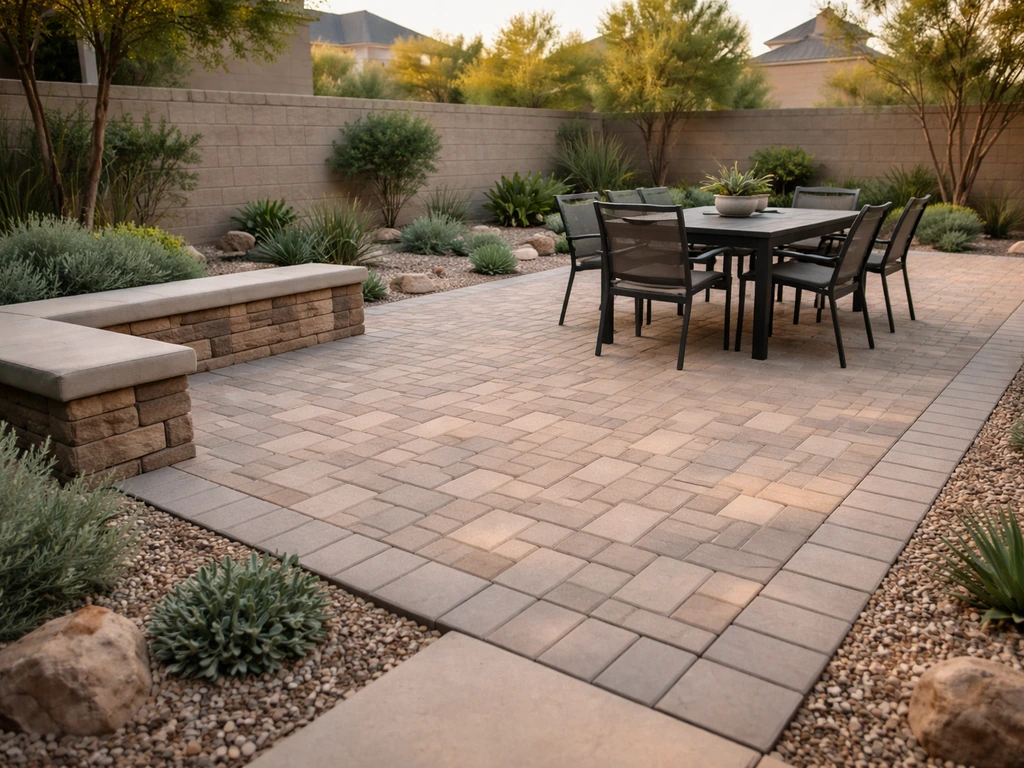 Inviting Las Vegas backyard patio with pavers, clean hardscape details, and desert landscaping, no people.