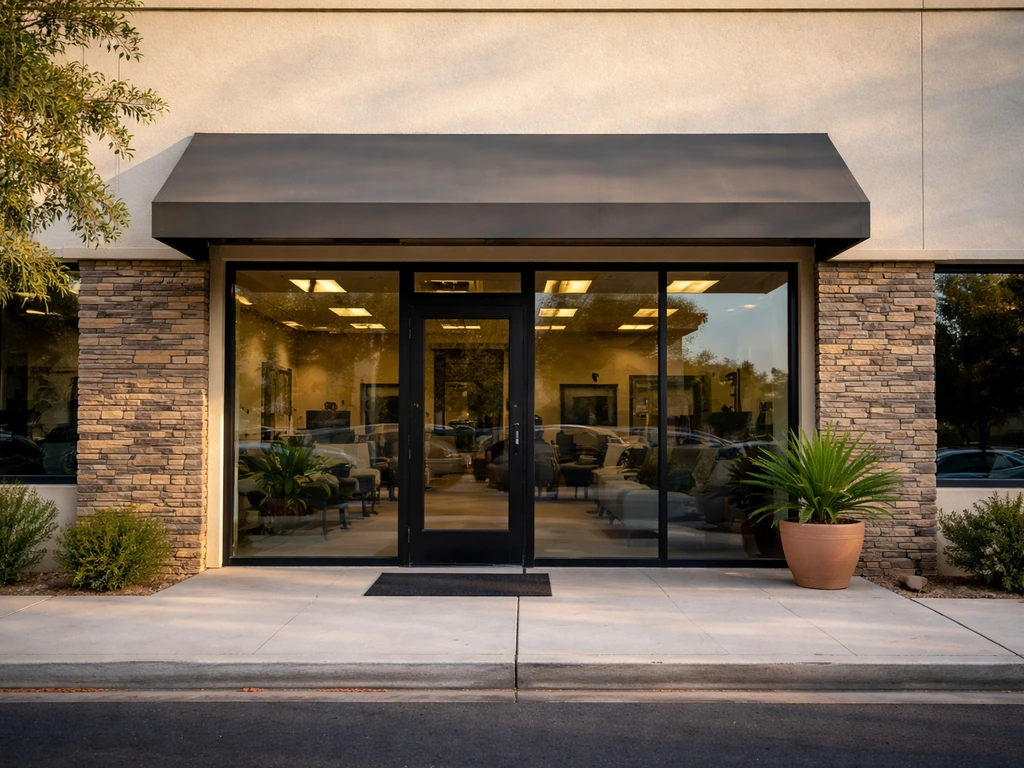 Street-level view of a Las Vegas patio contractor storefront entrance with potted plants and natural light.