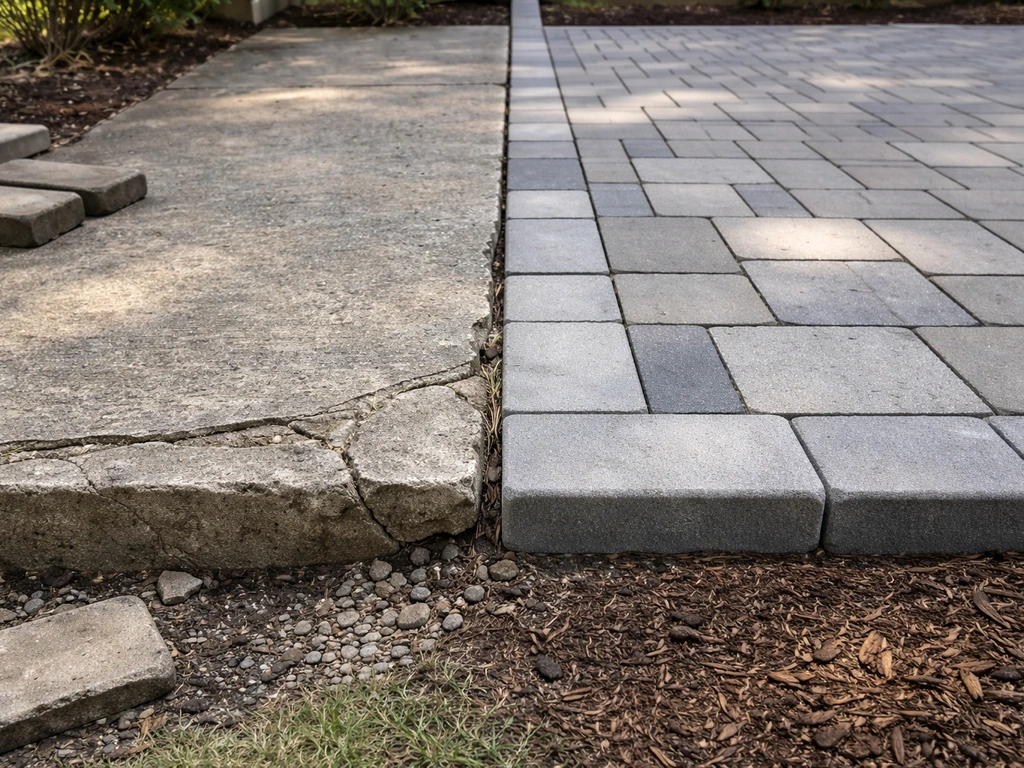 Close-up of a clean, newly finished paver patio edge beside an older cracked concrete section