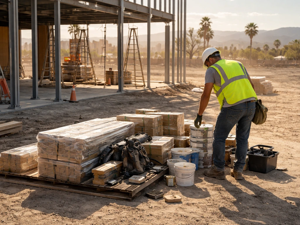 Construction crew member coordinating materials on a Vegas outdoor jobsite with equipment and staged supplies.