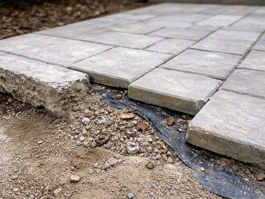 Close-up of an unfinished outdoor patio corner with rough edges and exposed materials suggesting incomplete work