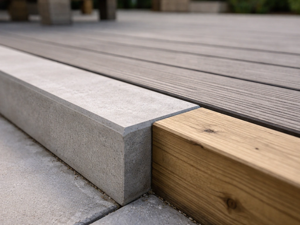 Close-up patio edge detail showing concrete slab edge, composite decking boards, and treated timber framing.