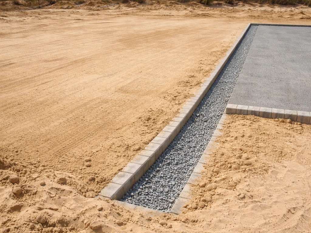 Construction site in sandy soil showing a graded slope with a drainage channel before paving.