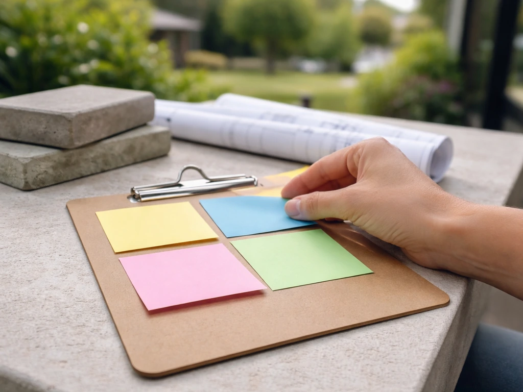 Minimal photo of an iPhone on a desk next to a simple patio contractor shortlist board in Perth style