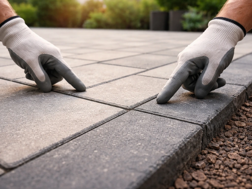 Gloved hands inspecting a newly installed patio’s drainage slope and finishing edges in a backyard.