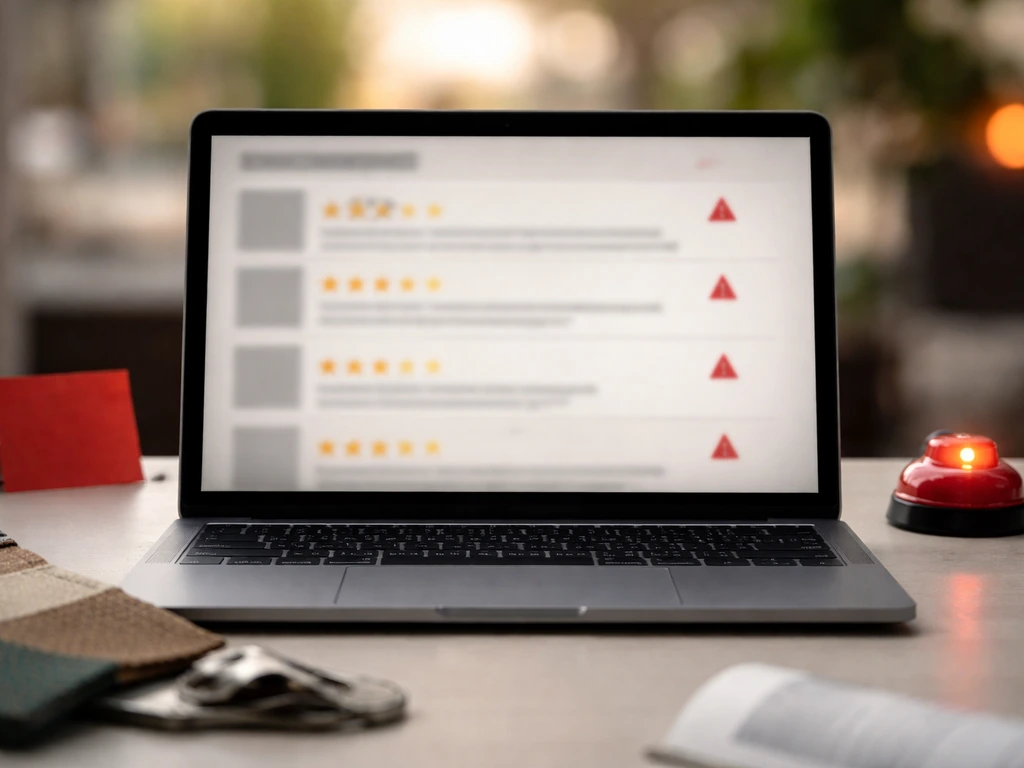 Blurred laptop showing review-like interface patterns, with subtle red alert cues and scattered patio materials nearby.