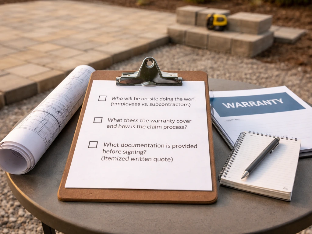 Clipboard checklist questions next to outdoor patio project plan and warranty folder on a small table.