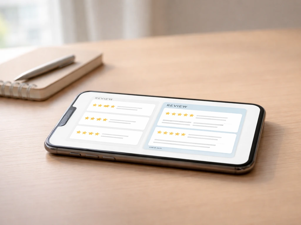 Minimal desk scene with a smartphone showing generic review cards and a separate curated review block.