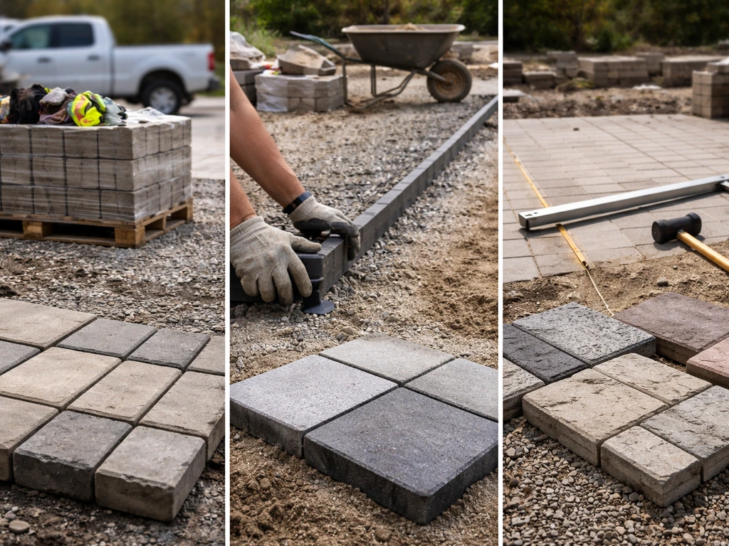 Minimal patio paver samples with three anonymous hardscape-work setups suggesting different contractor tiers.