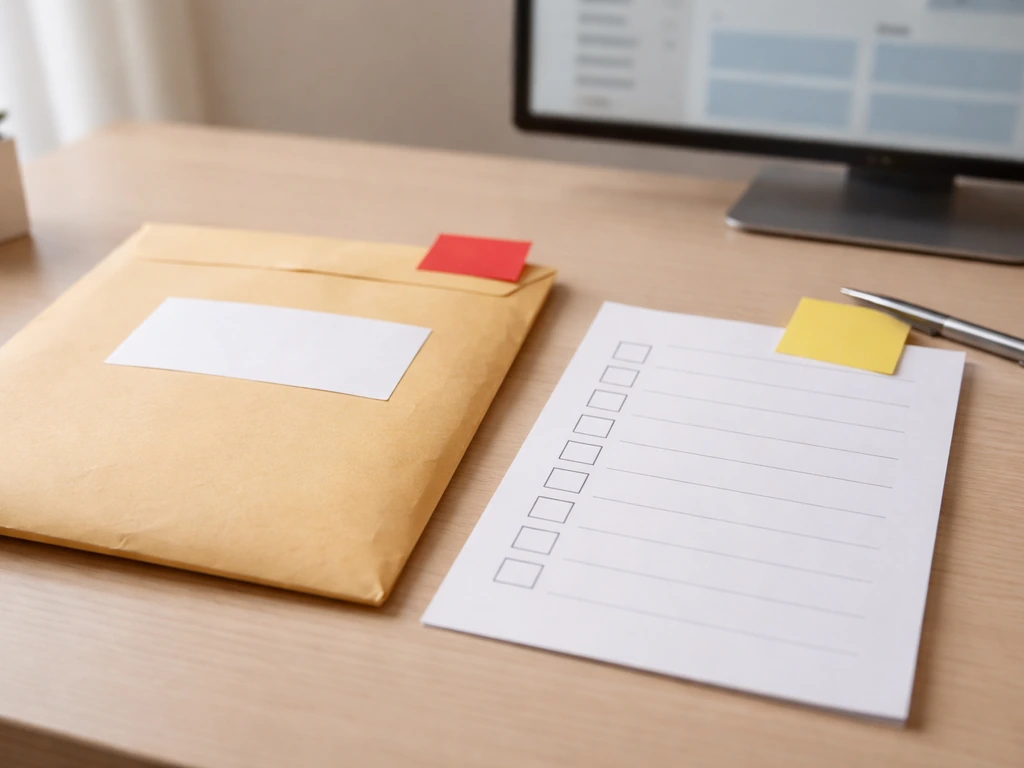 Close-up of a mail label and checklist beside a blurred web-style panel, suggesting legitimacy checks.