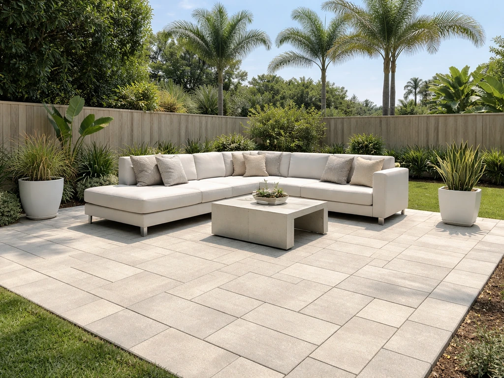 Bright modern San Diego backyard patio with stone pavers, outdoor seating, and coastal daylight.