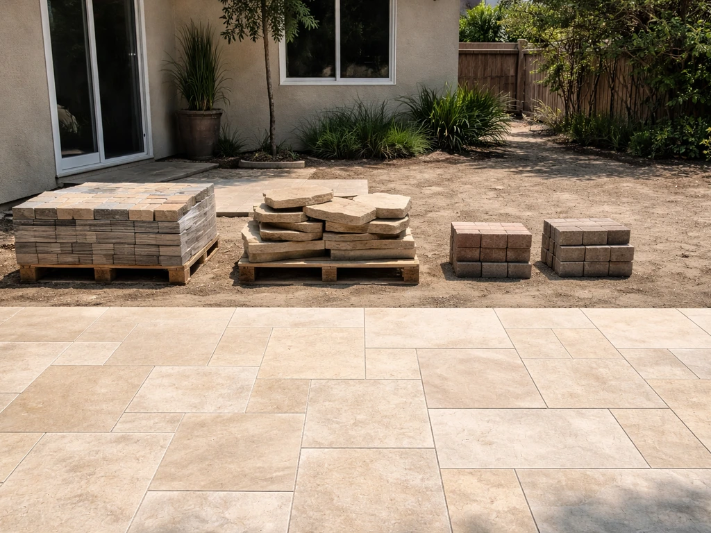 Outdoor patio contractor work area with stacked pavers and a finished travertine patio in a sunny San Diego backyard.