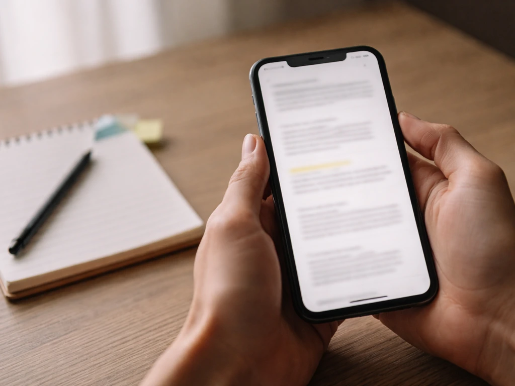 Close-up of hands holding a smartphone showing blurry review text, highlighting recurring themes visually