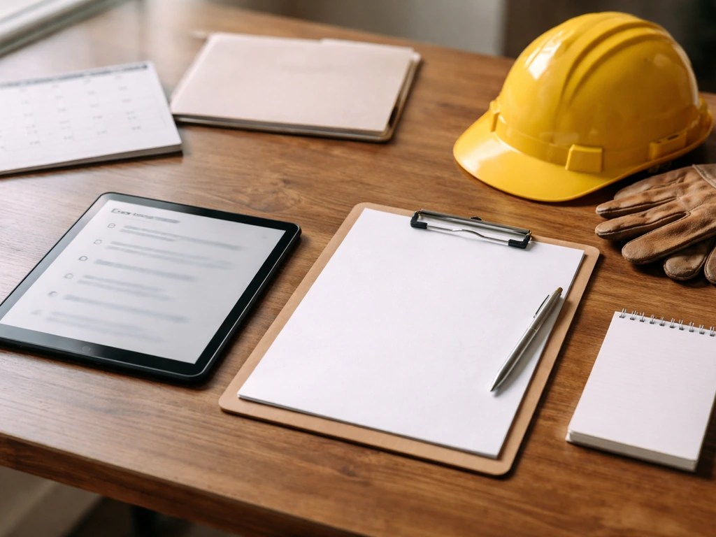 Contractor-style tablet showing a simple checklist on a bid, with a clipboard and hard hat nearby