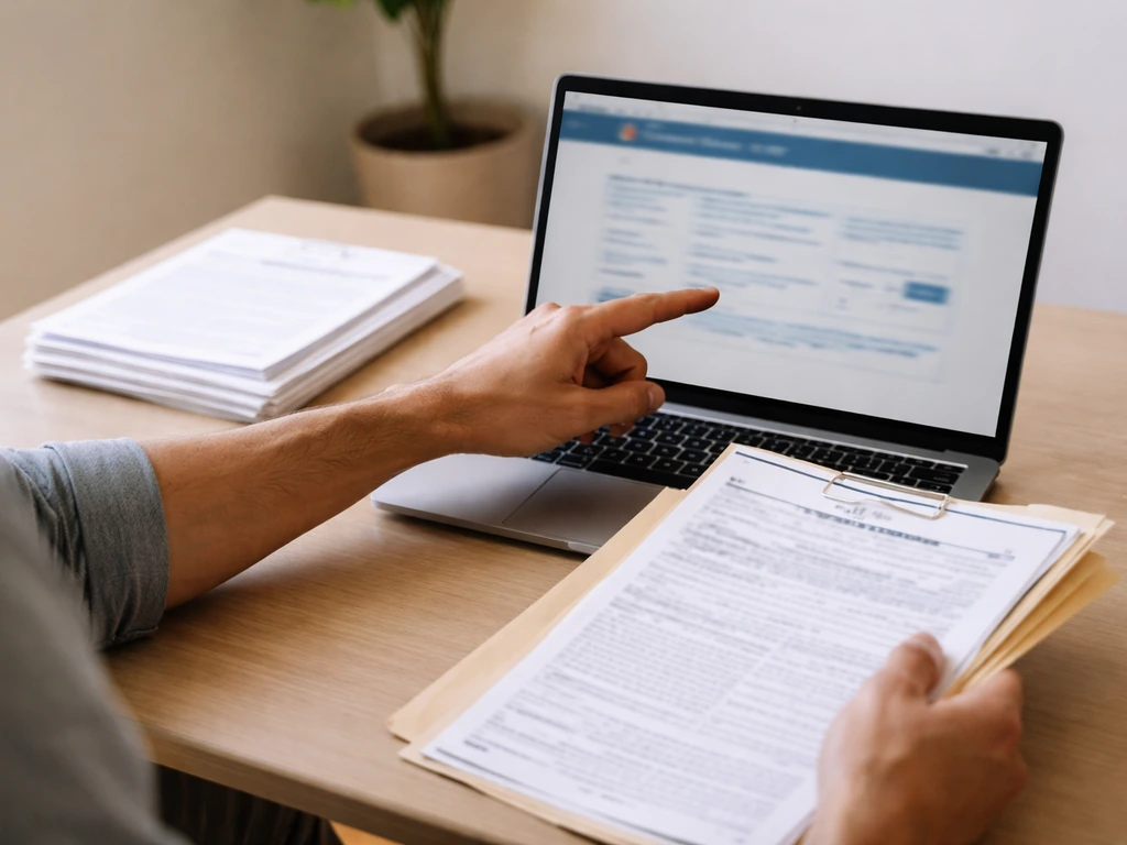 Anonymous hands reviewing insurance papers next to a laptop showing a blurred license lookup screen.