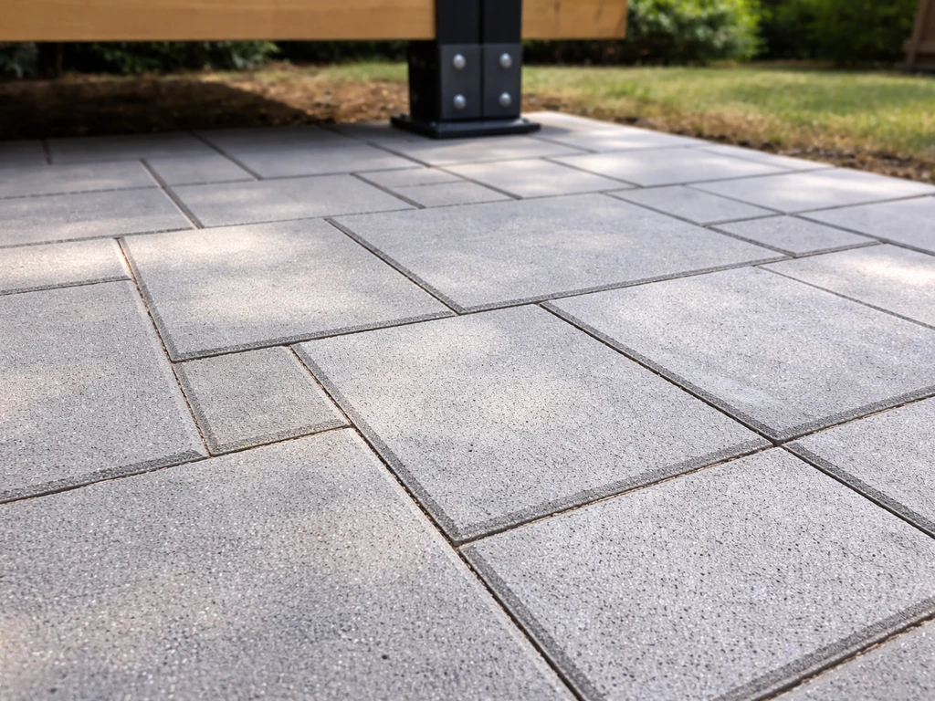Close-up of neatly installed concrete pavers and a tidy patio cover bracket in a clean outdoor patio area