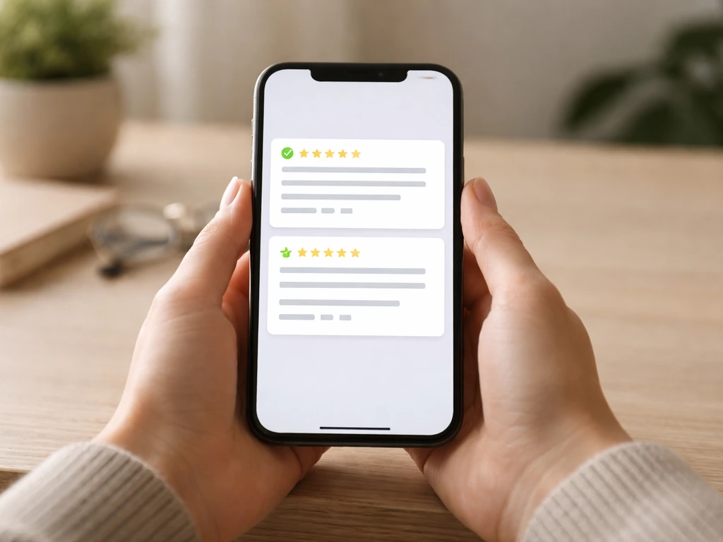 Hands holding a phone showing two contrasting review snippets with verified vs generic indicators