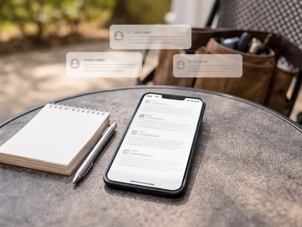 Smartphone showing blurred five-star review notifications next to blank notepad and patio tools